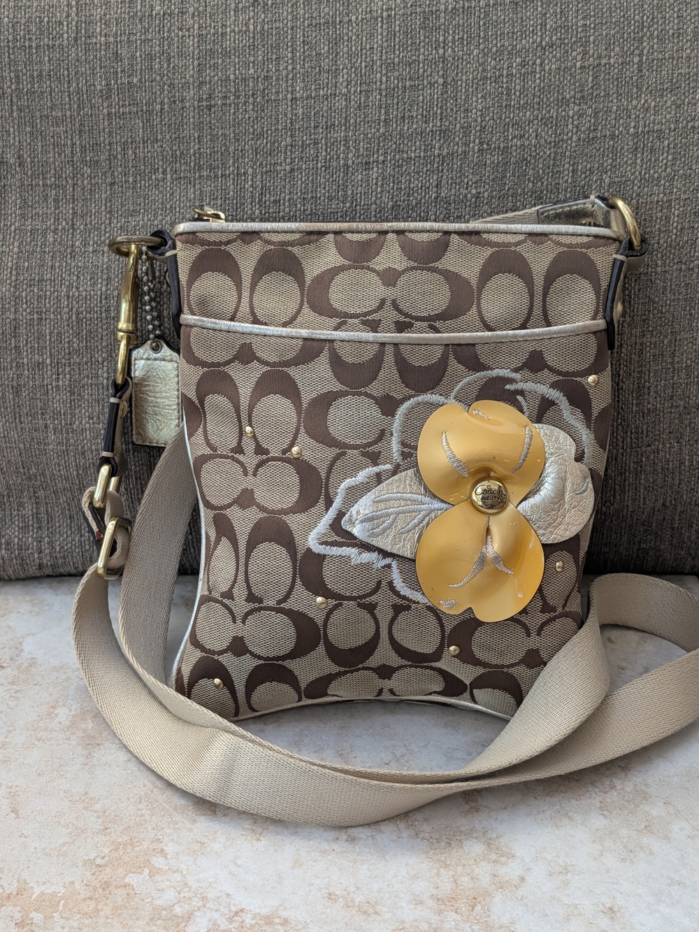 Coach Vintage Brown Signature Crossbody with Yellow Flower Accent EUC